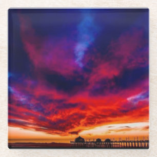Dessous-de-verre En Verre Coucher de soleil à la jetée, Huntington Beach,