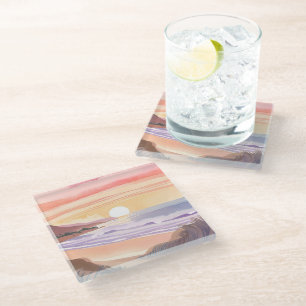 Dessous-de-verre En Verre Coucher de soleil sur la mer rose   Peinture aquar