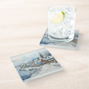DESSOUS-DE-VERRE EN VERRE COULEUR D'EAU HIVER SIÈGE DE VILLAGE BALNÉAIRE