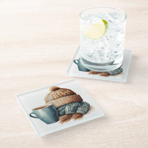 DESSOUS-DE-VERRE EN VERRE COUPE DE CAFÉ D'HIVER BLEU & BROWN ET CASQUETTE CU