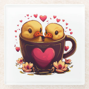 Dessous-de-verre En Verre Couple de canard romantique en forme de coeur, Sai