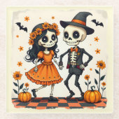 Dessous-de-verre En Verre Couple de squelette d'Halloween mignon en orange (Devant)