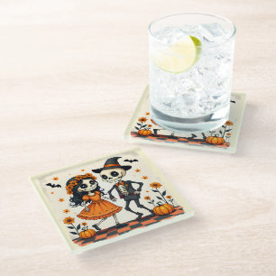 Dessous-de-verre En Verre Couple de squelettes d'Halloween mignon en orange