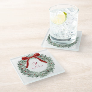 Dessous-de-verre En Verre Couronne de monogramme élégante rouge de Noël