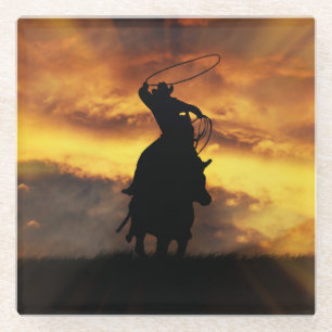 Dessous-de-verre En Verre Cowboy et Steer Roping au coucher du soleil