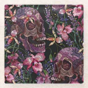 Dessous-de-verre En Verre Crâne brodé : Motif gothique de l'orchidée