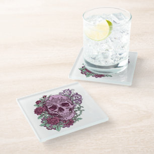 Dessous-de-verre En Verre Crâne de lavande avec motif gothique de roses