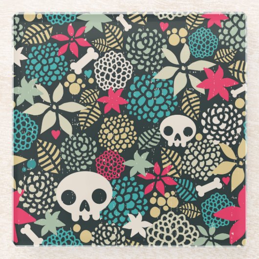 Dessous-de-verre En Verre Crâne en fleurs (Devant)