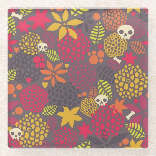 Dessous-de-verre En Verre Crânes et fleurs (Devant)