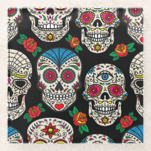 Dessous-de-verre En Verre Crânes et Roses mexicains : Conception Vintage