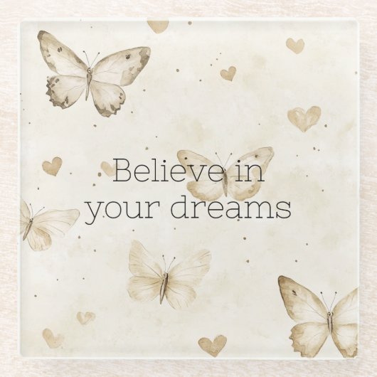 Dessous-de-verre En Verre Cream Hearts Butterflies  (Devant)