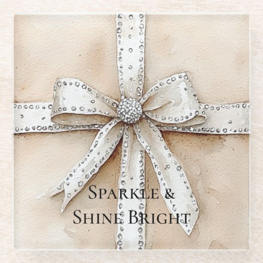 Dessous-de-verre En Verre Crème Blanc Argent Glitzy Glam Bow anniversaire (Devant)