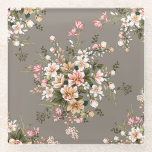 Dessous-de-verre En Verre Crème, fleurs roses sur gris.