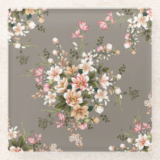 Dessous-de-verre En Verre Crème, fleurs roses sur gris. (Devant)