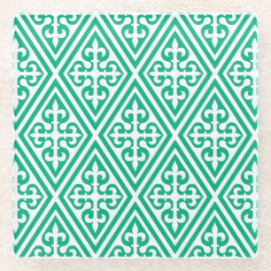 Dessous-de-verre En Verre Croix médiévale Damask - Turquoise et blanc