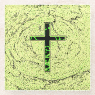 DESSOUS-DE-VERRE EN VERRE CROIX NOIRE ET VERTE AVEC ARRIÈRE - PLAN EN MARBRE