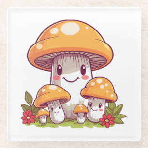 Dessous-de-verre En Verre Cueillette de champignons, style kawaii heureux