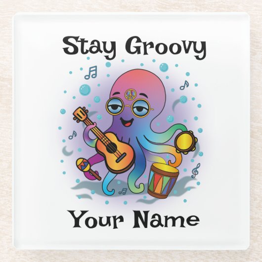 Dessous-de-verre En Verre Custom Glass Coaster | Retro Octopus | Name & Text (Devant)