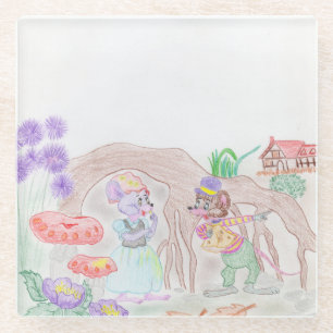 Dessous-de-verre En Verre Custom Kids Artwork, deux mignonnes souris, fleurs