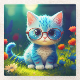 Dessous-de-verre En Verre Cute Blue Kitten Portant des lunettes-276548