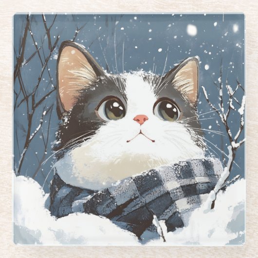 Dessous-de-verre En Verre Cute cat cozy winter snow (Devant)