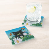 Dessous-de-verre En Verre Cute Fluffy Black Kitten et Daisy Art (Incliné)