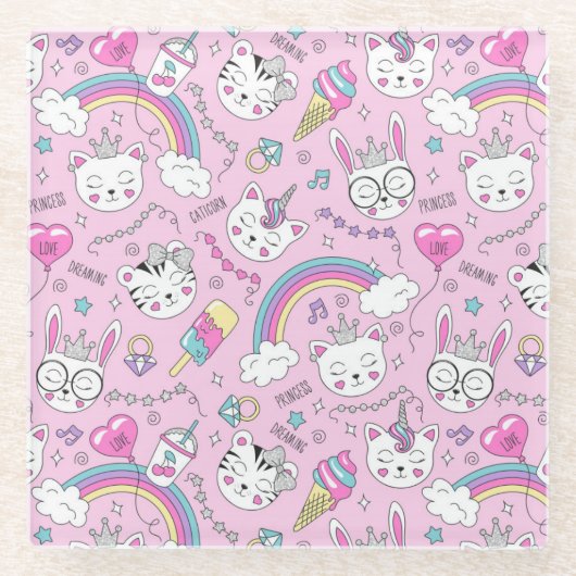 Dessous-de-verre En Verre Cute Unicorn Chats (Devant)