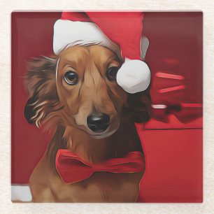 Dessous-de-verre En Verre Dachshund Assis Devant Un Cadeau De Noël Pos