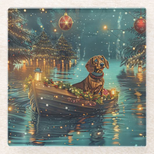 Dessous-de-verre En Verre Dachshund Noël Festive Voyage (Devant)