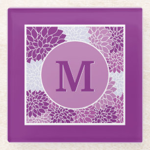 Dessous-de-verre En Verre Dahlia florale à monogramme Deep Purple