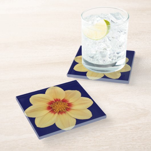 Dessous-de-verre En Verre Dahlia jaune sur Floral bleu (Incliné)