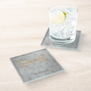 Dessous-de-verre En Verre Damas de libellule d'or