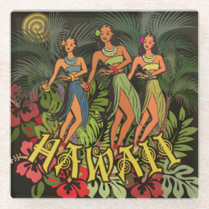 Dessous-de-verre En Verre Danseuses Hula Vintage d'Hawaï Palmier Tiki Rétro