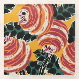 Dessous-de-verre En Verre Décor floral Art déco jaune moutarde et orange