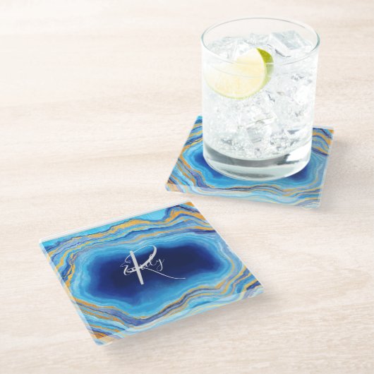 Dessous-de-verre En Verre Deep Indigo Agate Marbre Nom Abstrait Monogram Co (Incliné)