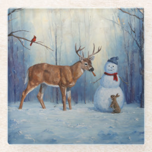 Dessous-de-verre En Verre Deer et Happy Snowman hiver de vacances scène