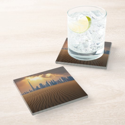 Dessous-de-verre En Verre Deserts | Dubai's Skyline View from Sand Dune (Incliné)