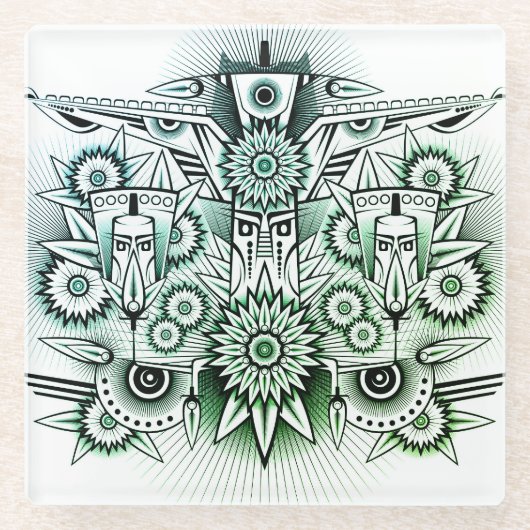 Dessous-de-verre En Verre Design tribal teinte verte (Devant)