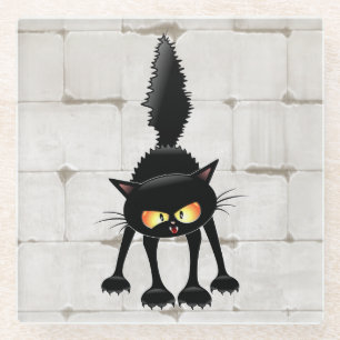 Dessous-de-verre En Verre Dessin animé de chat noir drôle et féroce 