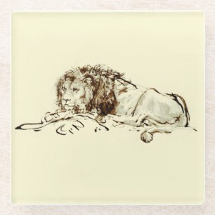 Dessous-de-verre En Verre Dessin d'encre Rembrandt Vintage / Dessin d'un lio