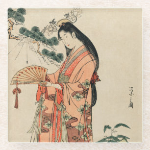 Dessous-de-verre En Verre Dessin en bois ancien d'une femme japonaise