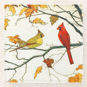 Dessous-de-verre En Verre Dessin japonais vintage, cardinaux sur une branche