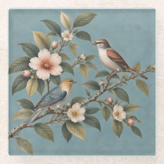Dessous-de-verre En Verre Dessous de verre en verre bleu Fleurs et oiseaux v