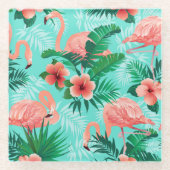 Dessous-de-verre En Verre Dessous de verre en verre Flamant rose Palmes trop (Devant)