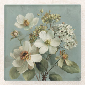 Dessous-de-verre En Verre Dessous de verre en verre vert sauge floral ivoire