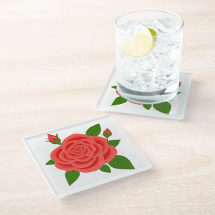 Dessous-de-verre En Verre Dessous de verre pour boisson Rose rouge avec bour