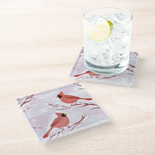 Dessous-de-verre En Verre Deux cardinaux rouges   Peinture à l'aquarelle