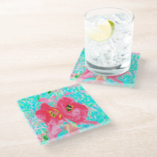 Dessous-de-verre En Verre Deux Hibiscus Crazy Corail Rouge Rosé sur Aqua