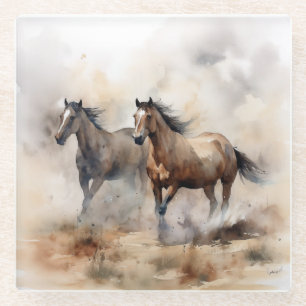 Dessous-de-verre En Verre « Deux mustangs sauvages » Aquarelle occidentale p
