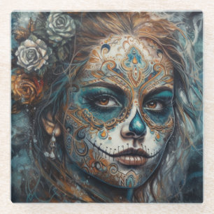 Dessous-de-verre En Verre Dia de los Muertos visage turquoise peint